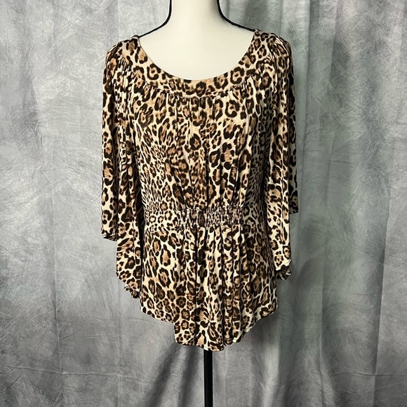 Laura Ashley Leopard Print Butterfly Sleeve Ruched Women's Top - Large - Picture 1 of 11